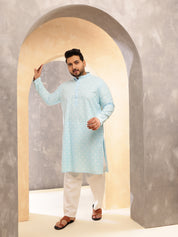 Men's Floral Print Cotton Blend Sky Blue Kurta With White Pyjama