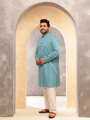Men's Floral Print Cotton Blend Teal Blue Long Kurta