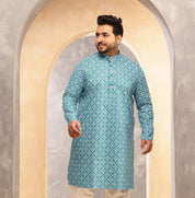 Men's Floral Print Cotton Blend Teal Blue Long Kurta