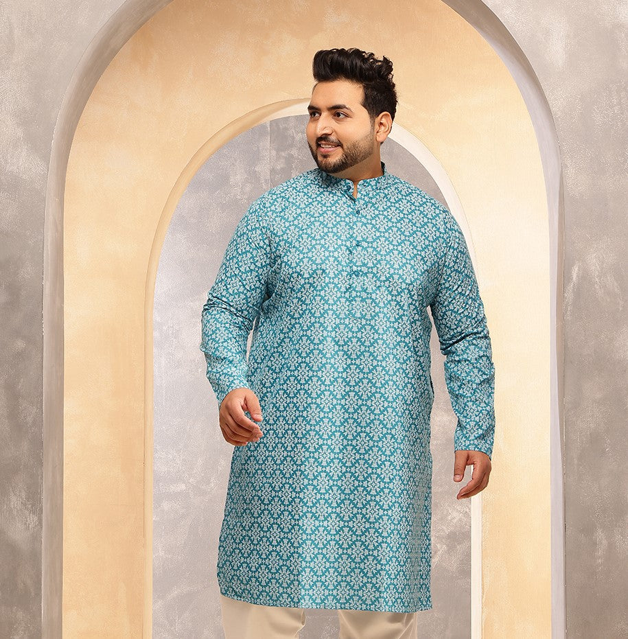 Men's Floral Print Cotton Blend Teal Blue Long Kurta