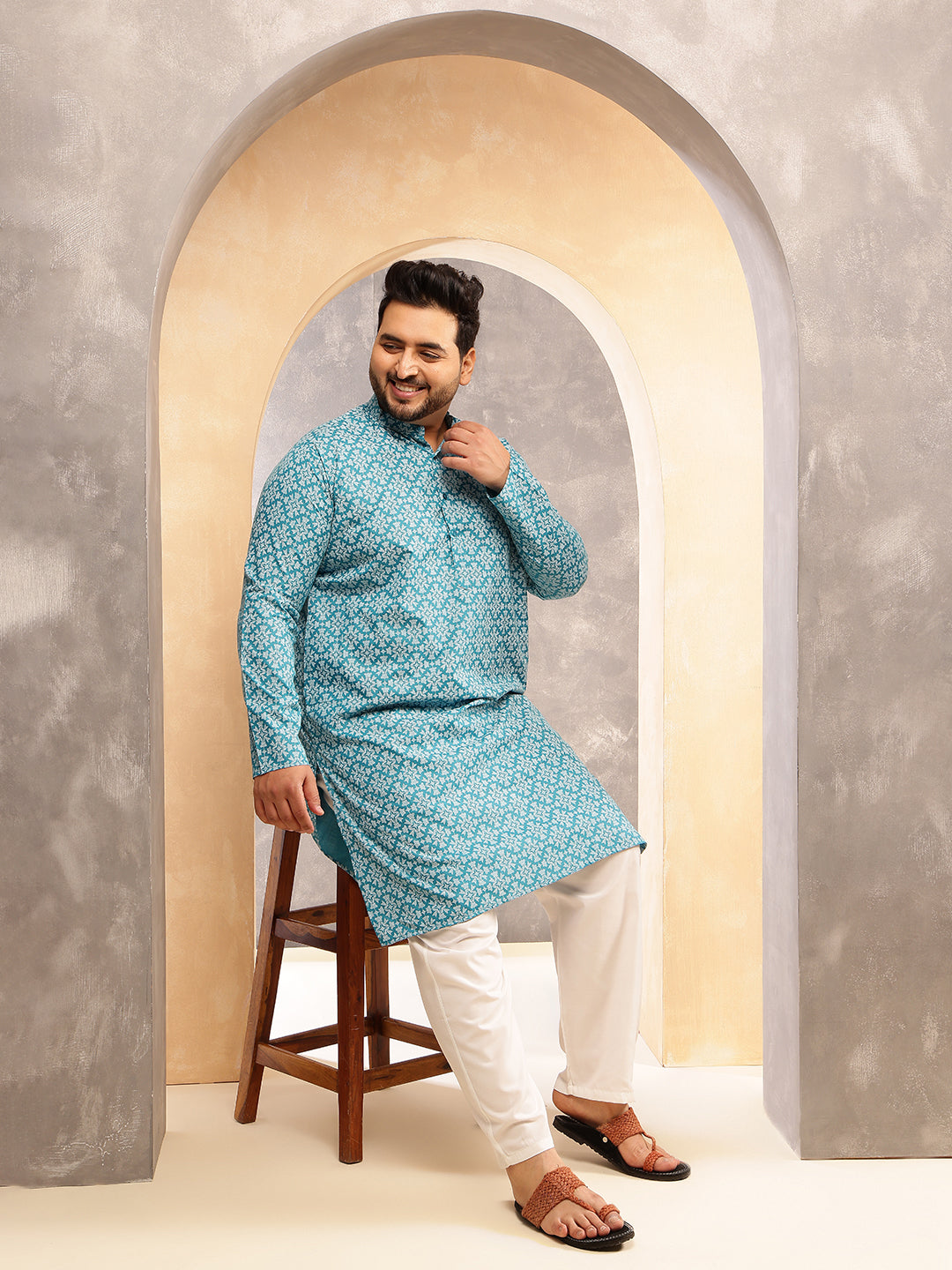 Men's Floral Print Cotton Blend Teal Blue Long Kurta