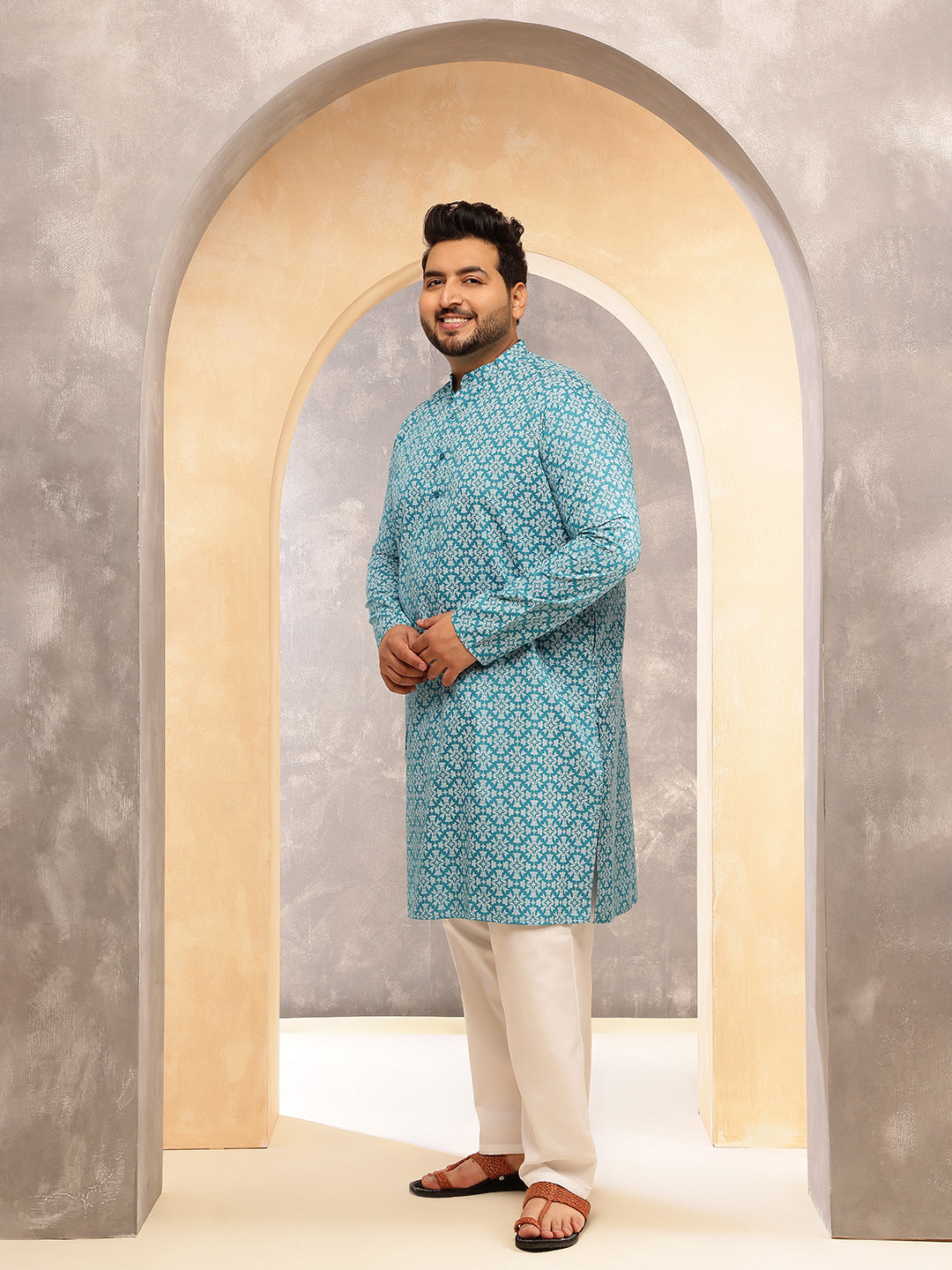 Men's Floral Print Cotton Blend Teal Blue Kurta With White Pyjama