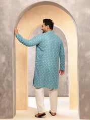 Men's Floral Print Cotton Blend Teal Blue Kurta With White Pyjama