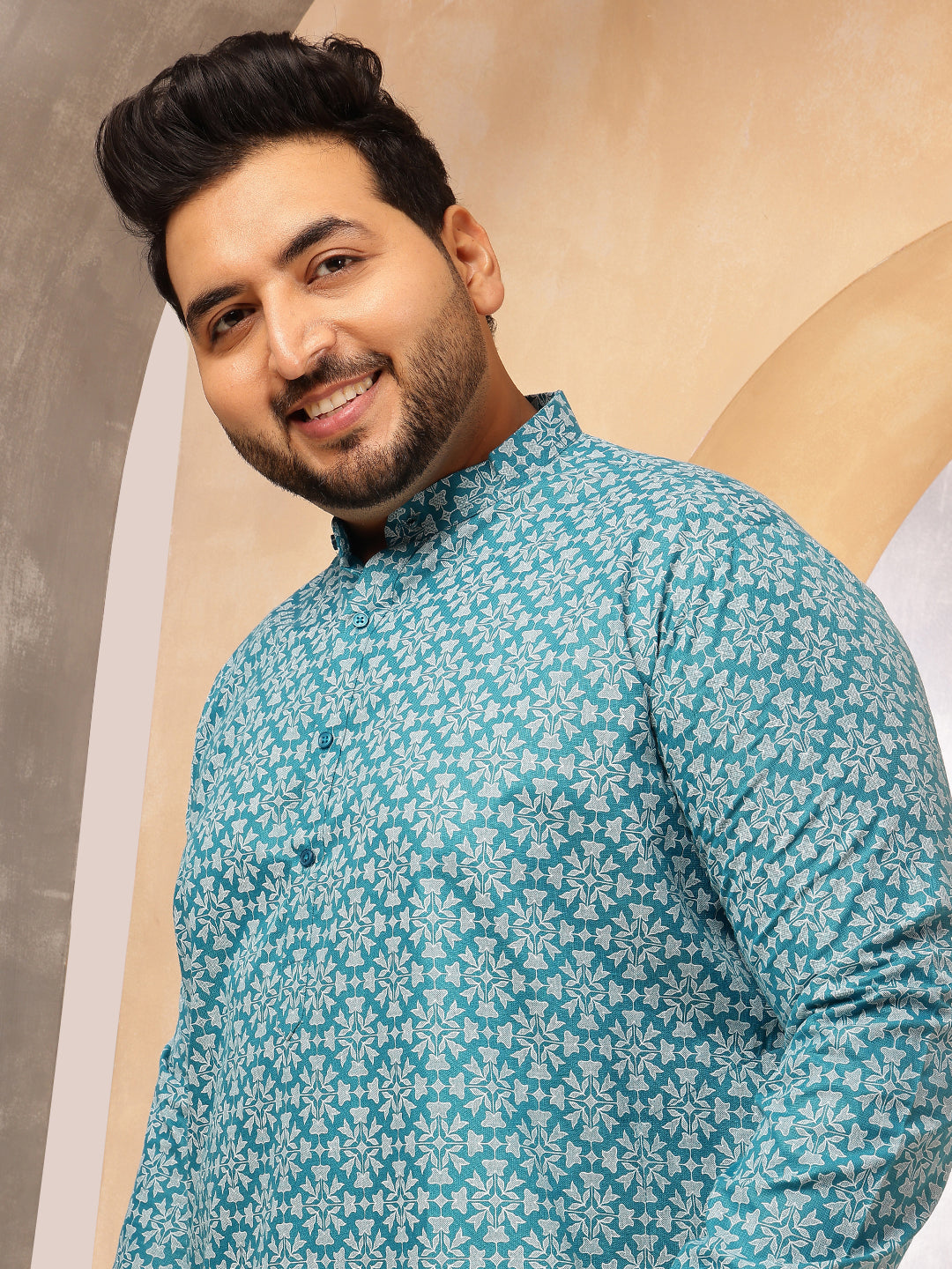 Men's Floral Print Cotton Blend Teal Blue Kurta With White Pyjama