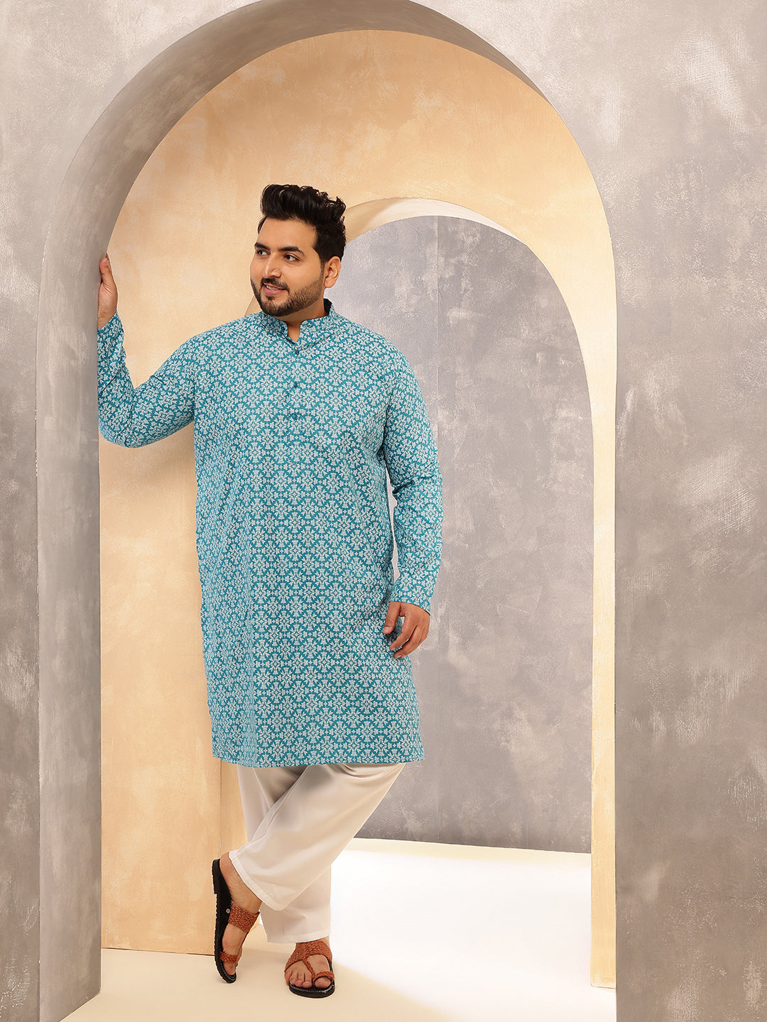 Men's Floral Print Cotton Blend Teal Blue Kurta With White Pyjama