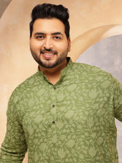 Men's Cotton Blend Green Long Kurta with Floral Print
