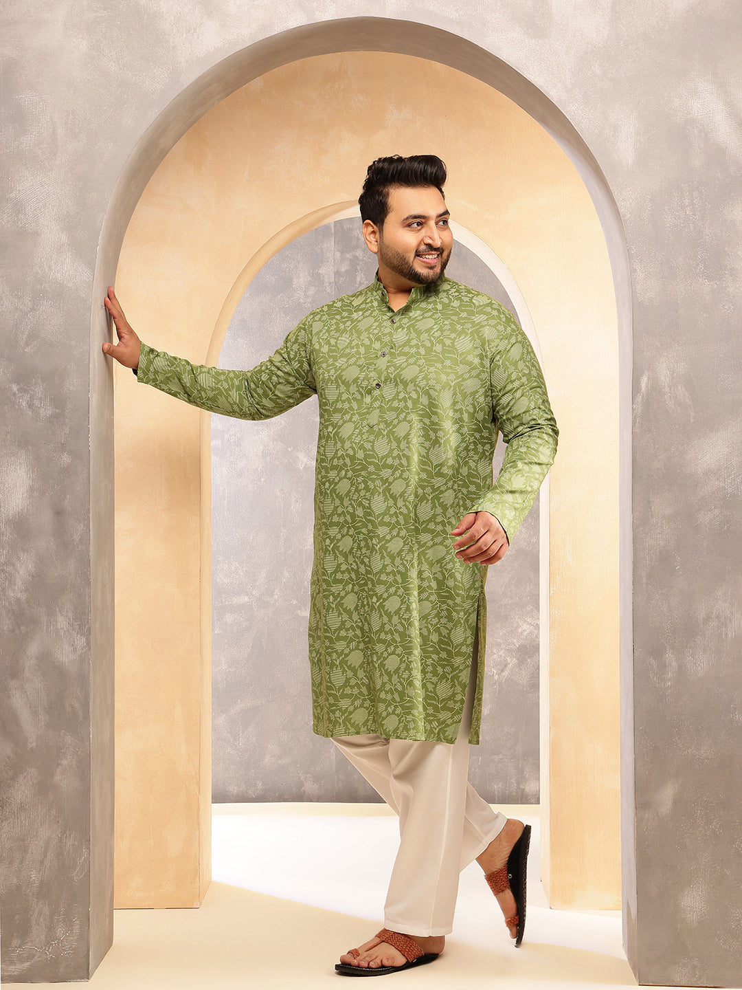 Men's Cotton Blend Green Long Kurta with Floral Print