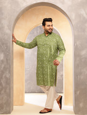 Men's Cotton Blend Green Long Kurta with Floral Print