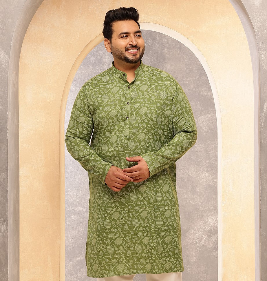 Men's Cotton Blend Green Long Kurta with Floral Print