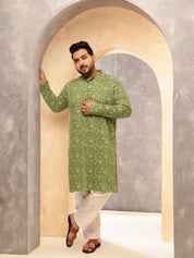 Men's Cotton Blend Green Kurta with Floral Print and White Pyjama