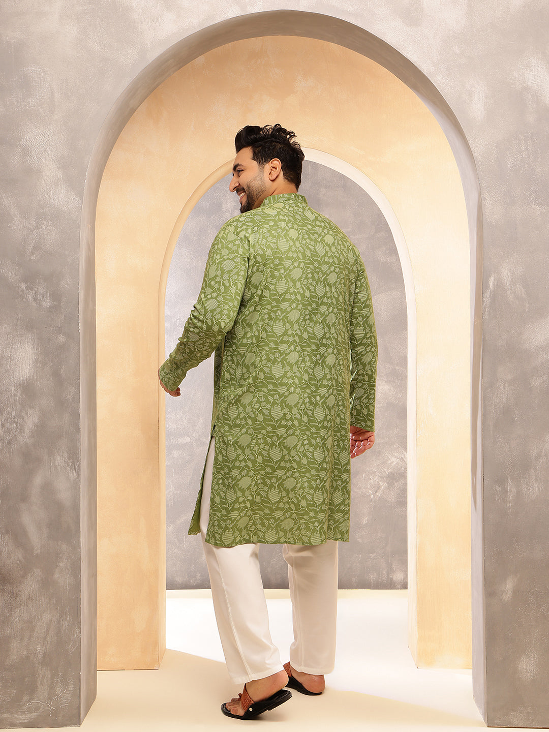 Men's Cotton Blend Green Kurta with Floral Print and White Pyjama