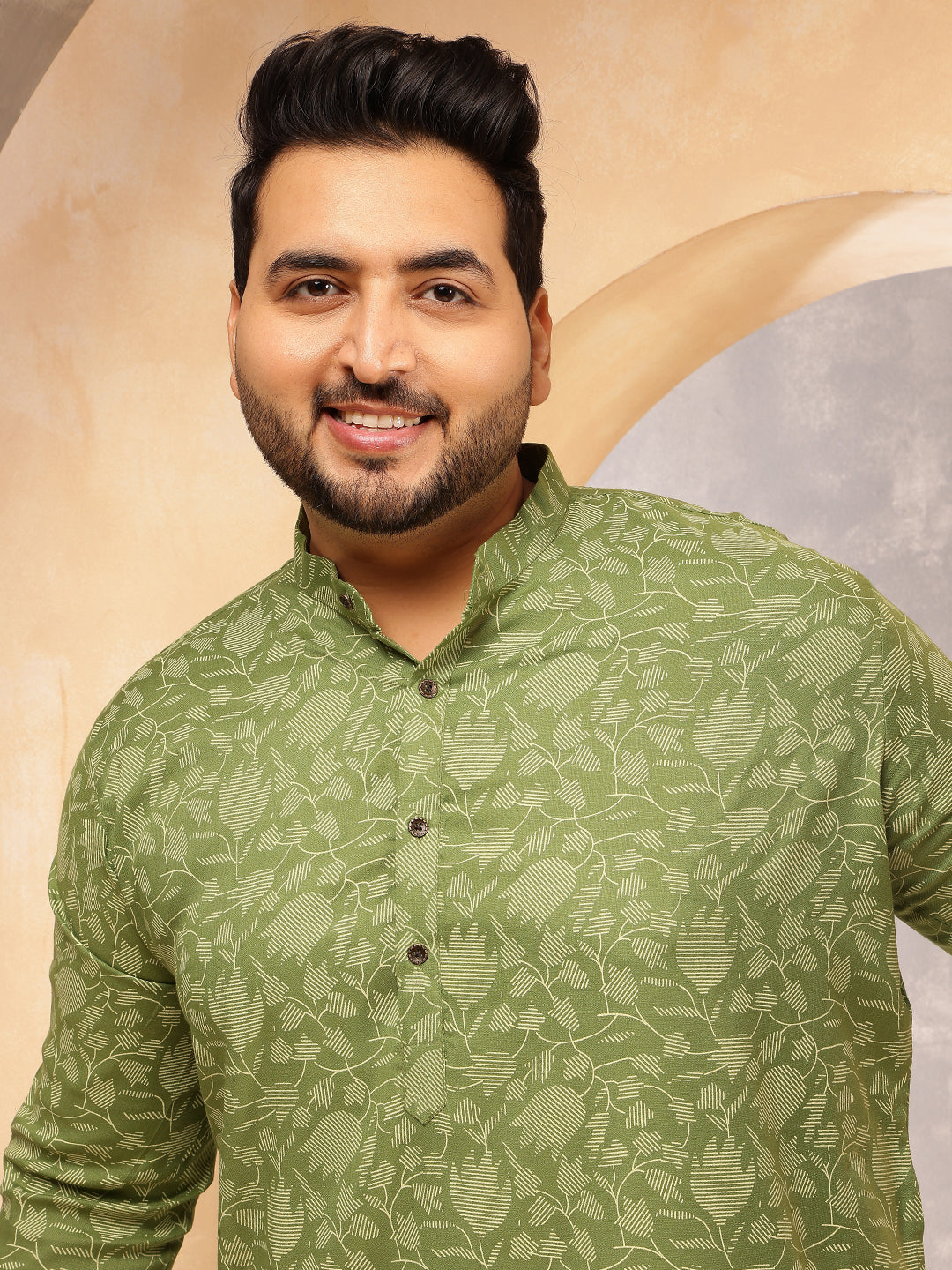 Men's Cotton Blend Green Kurta with Floral Print and White Pyjama