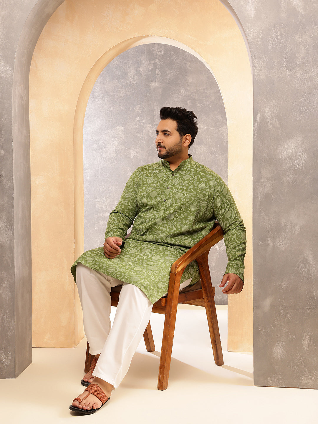 Men's Cotton Blend Green Kurta with Floral Print and White Pyjama