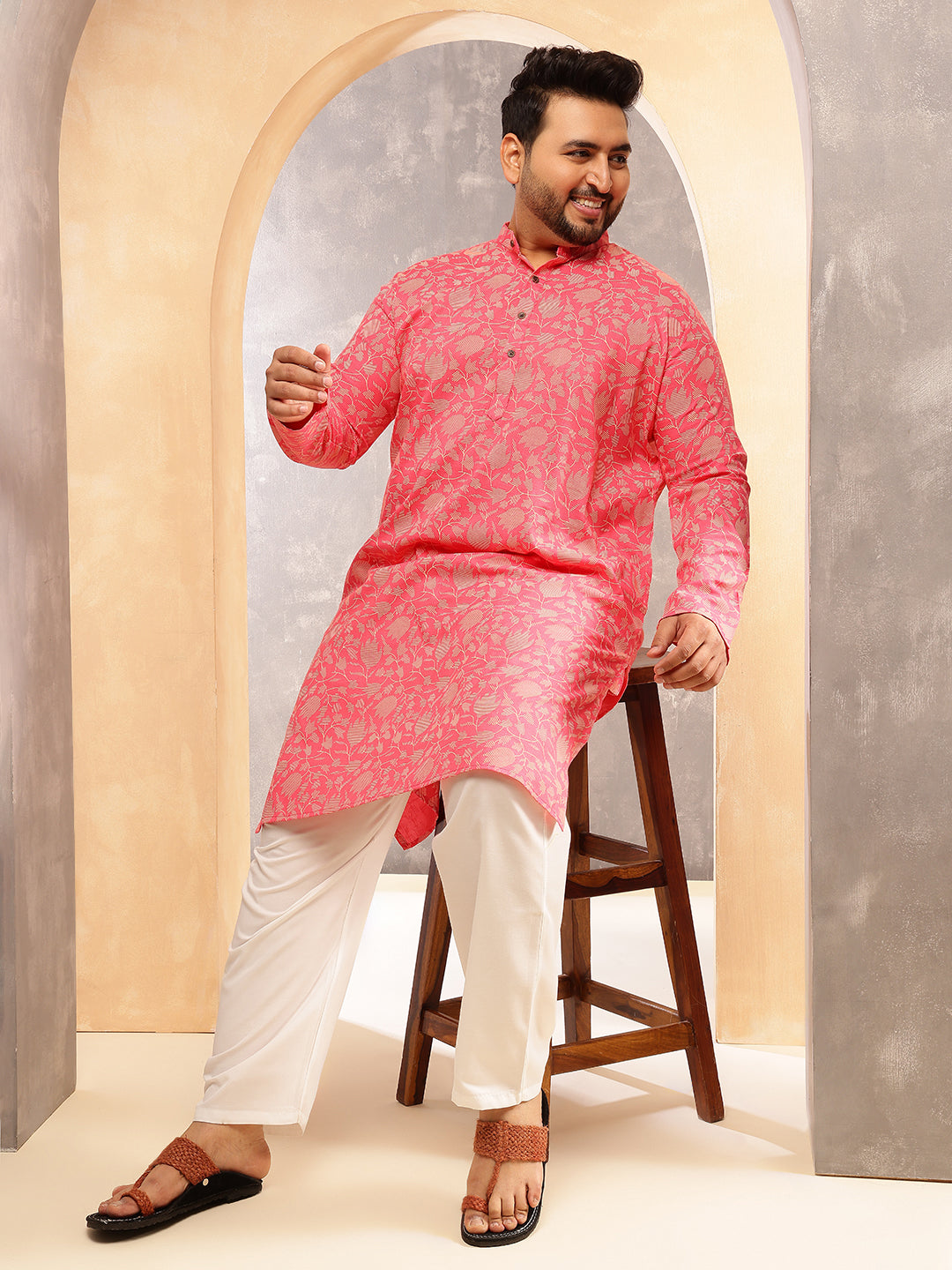 Men's Cotton Blend Dark Pink Kurta with Floral Print and White Pyjama