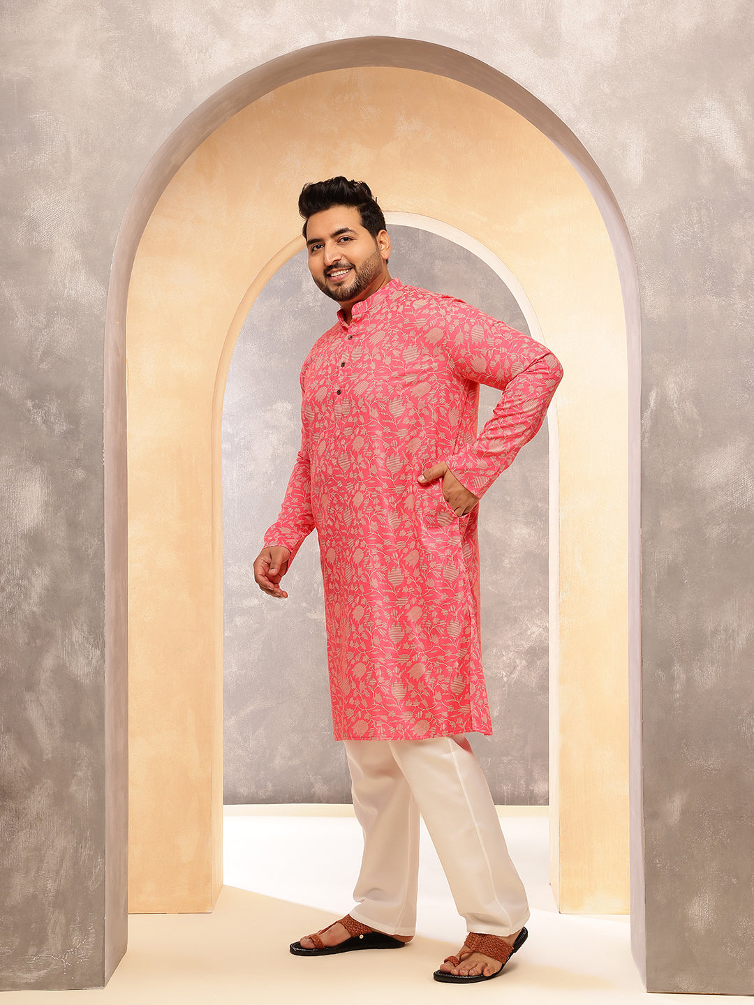 Men's Cotton Blend Dark Pink Kurta with Floral Print and White Pyjama