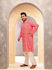 Men's Cotton Blend Dark Pink Kurta with Floral Print and White Pyjama