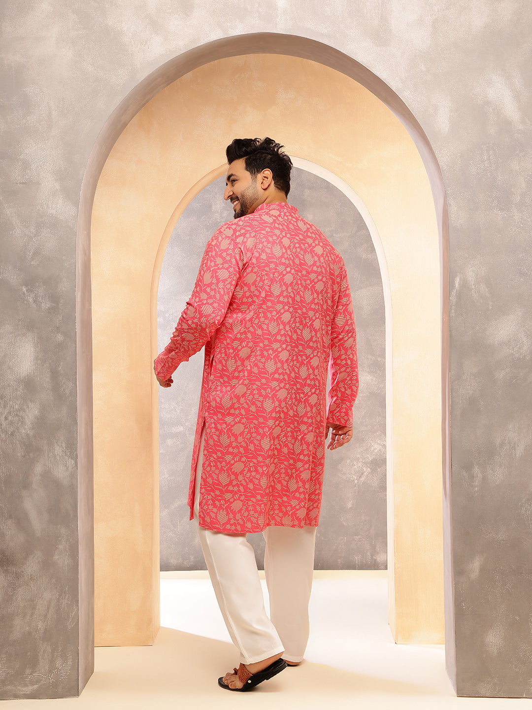 Men's Cotton Blend Dark Pink Kurta with Floral Print and White Pyjama