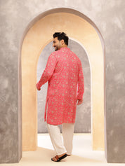 Men's Cotton Blend Dark Pink Kurta with Floral Print and White Pyjama