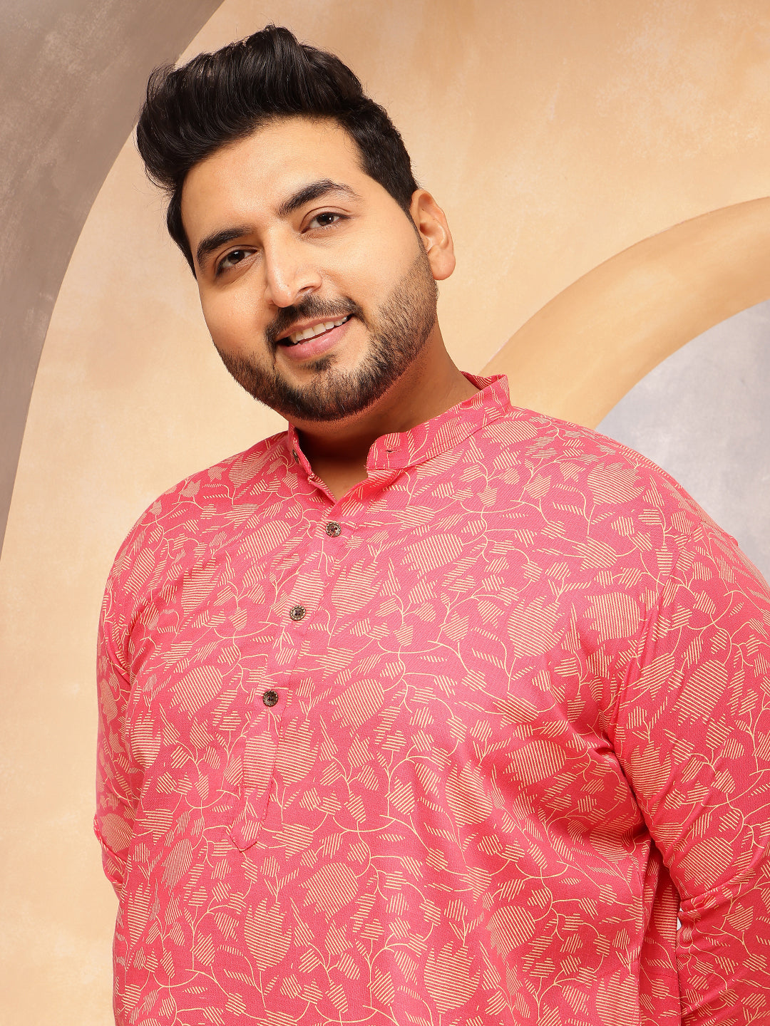 Men's Cotton Blend Dark Pink Kurta with Floral Print and White Pyjama
