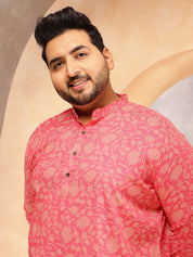 Men's Cotton Blend Dark Pink Kurta with Floral Print and White Pyjama