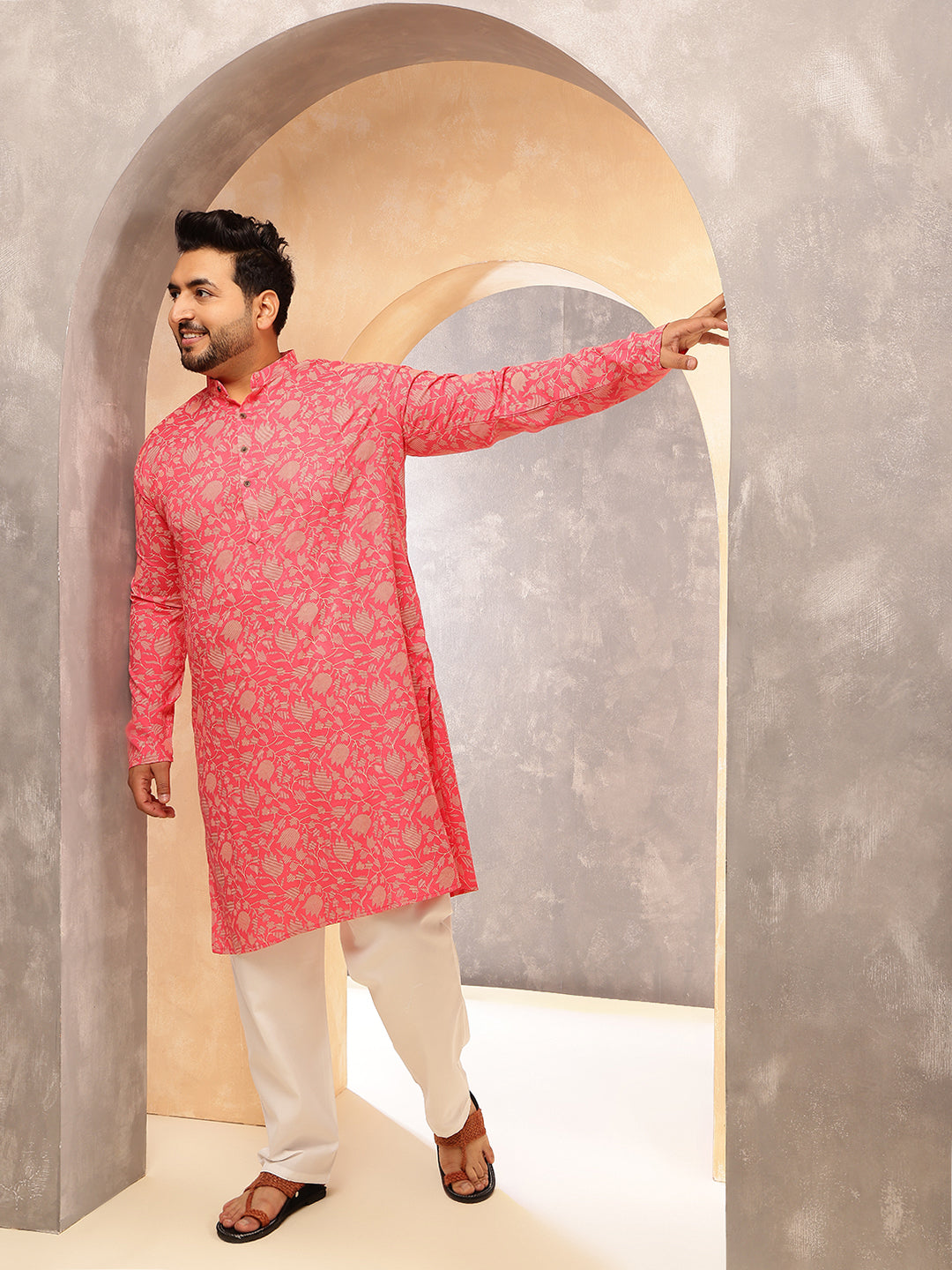 Men's Cotton Blend Dark Pink Kurta with Floral Print and White Pyjama
