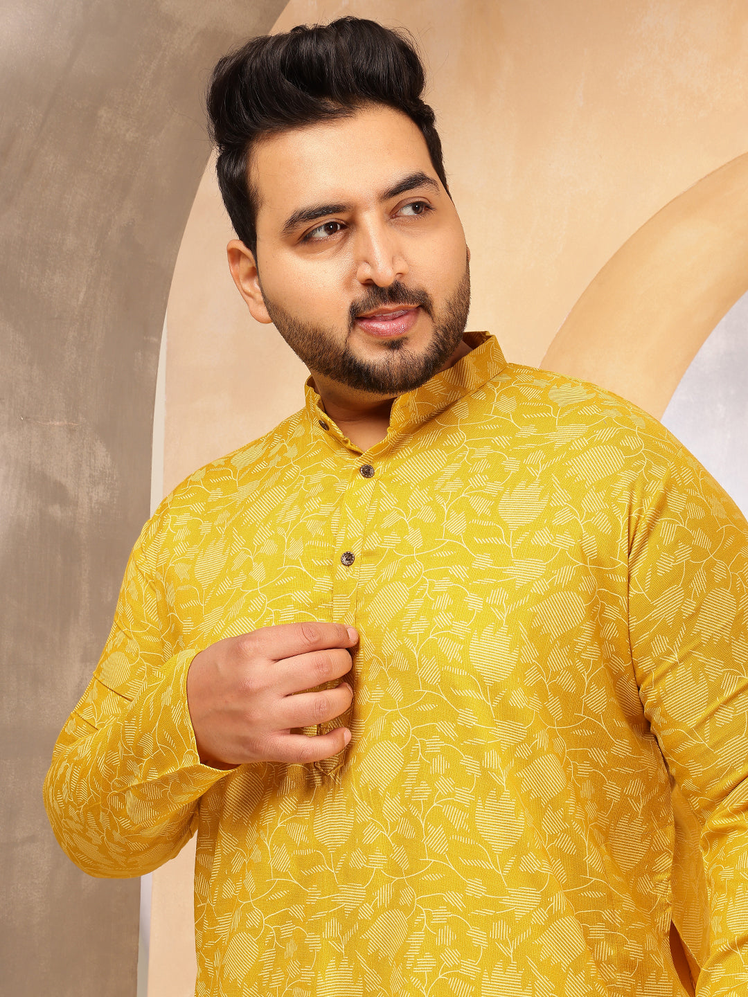 Men's Cotton Blend Yellow Long Kurta with Floral Print