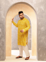 Men's Cotton Blend Yellow Long Kurta with Floral Print