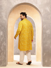 Men's Cotton Blend Yellow Long Kurta with Floral Print