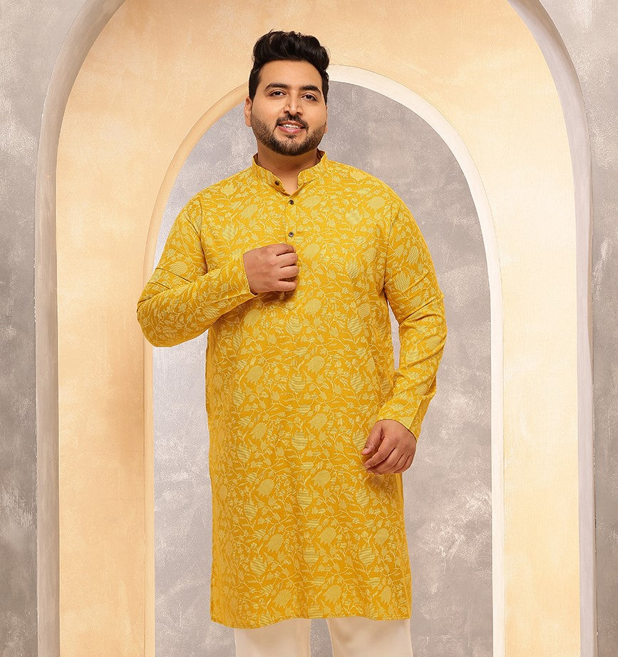 Men's Cotton Blend Yellow Long Kurta with Floral Print