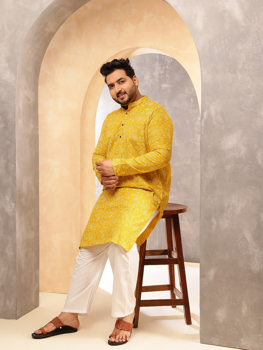 Men's Cotton Blend Yellow Kurta with Floral Print and White Pyjama
