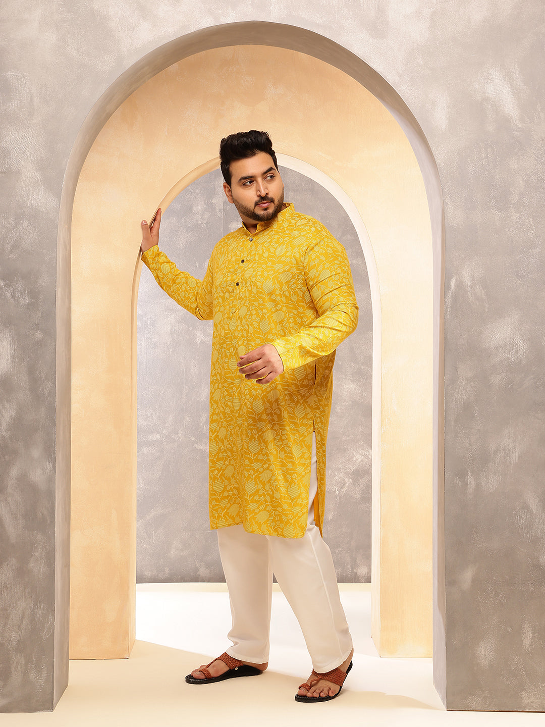 Men's Cotton Blend Yellow Kurta with Floral Print and White Pyjama