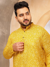Men's Cotton Blend Yellow Kurta with Floral Print and White Pyjama