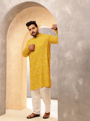 Men's Cotton Blend Yellow Kurta with Floral Print and White Pyjama