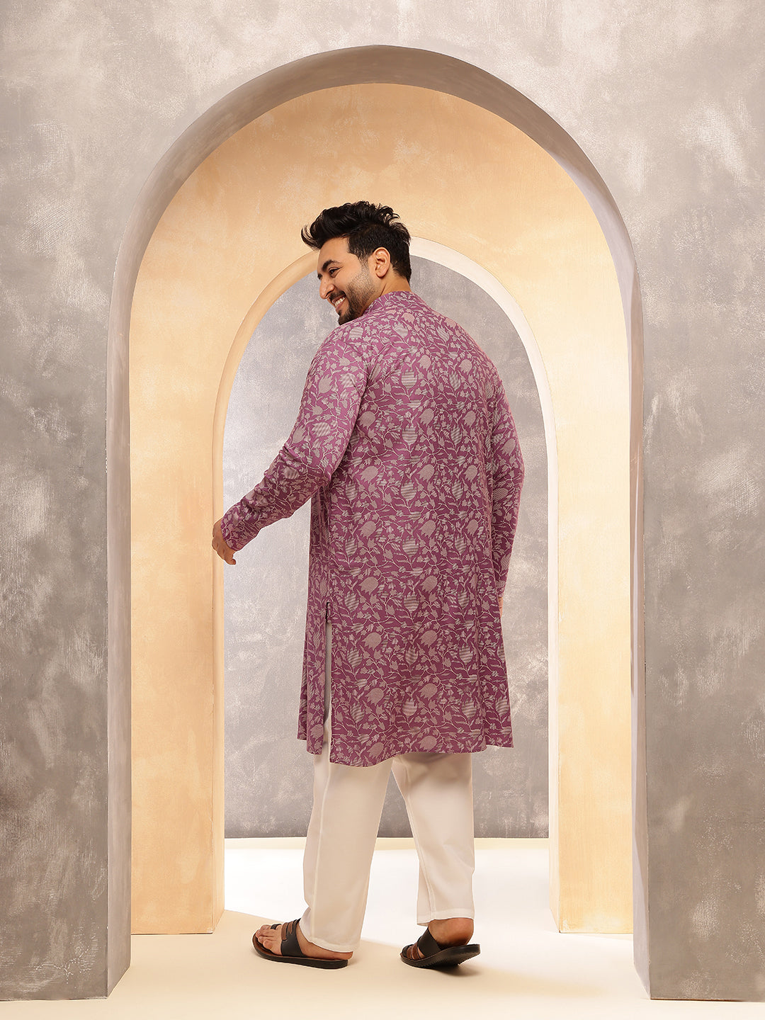 Men's Cotton Blend Purple Long Kurta with Floral Print