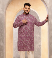 Men's Cotton Blend Purple Long Kurta with Floral Print