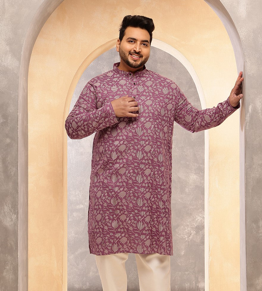 Men's Cotton Blend Purple Long Kurta with Floral Print