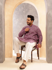 Men's Cotton Blend Purple Long Kurta with Floral Print