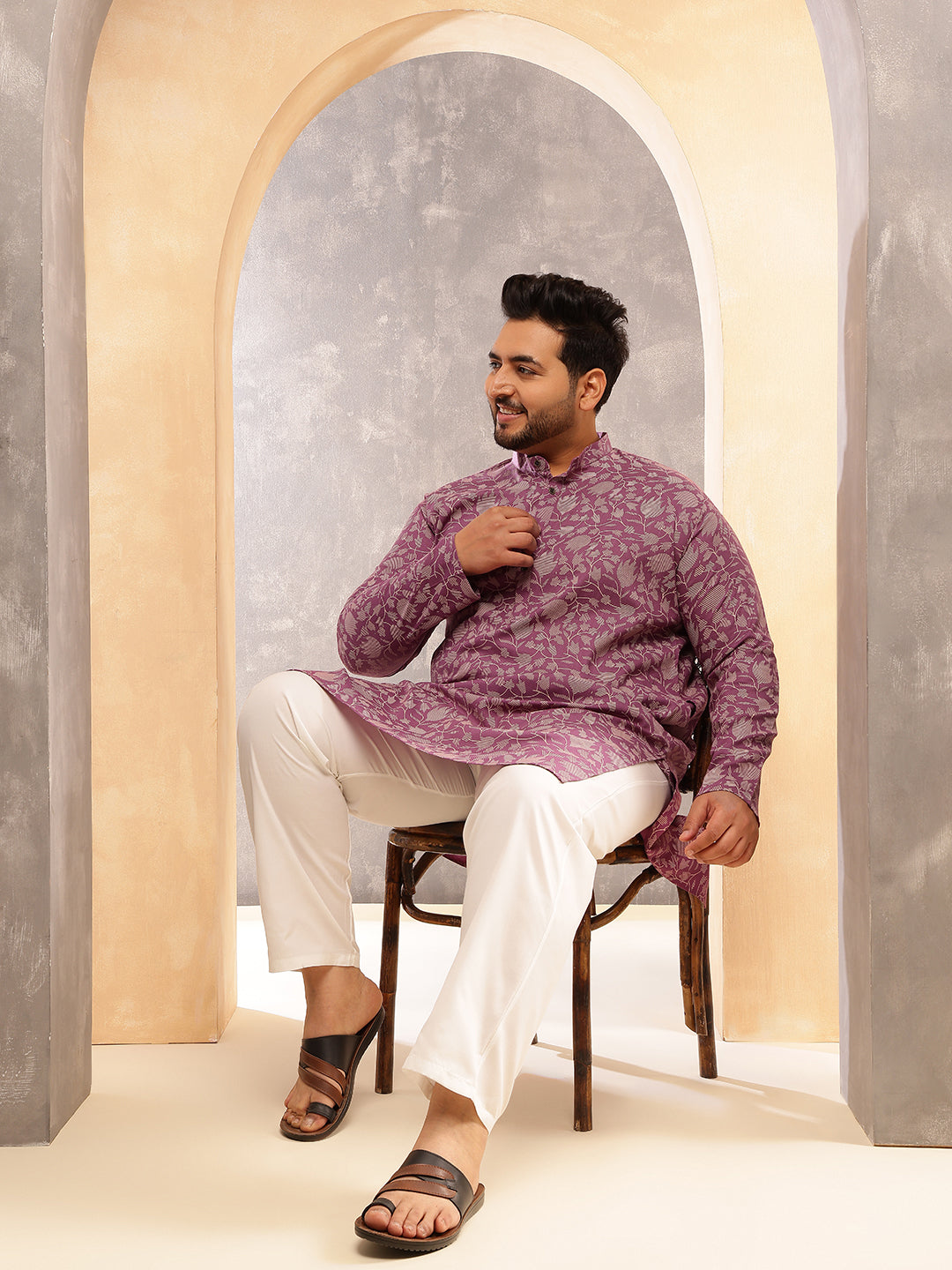 Men's Cotton Blend Purple Kurta with Floral Print and White Pyjama