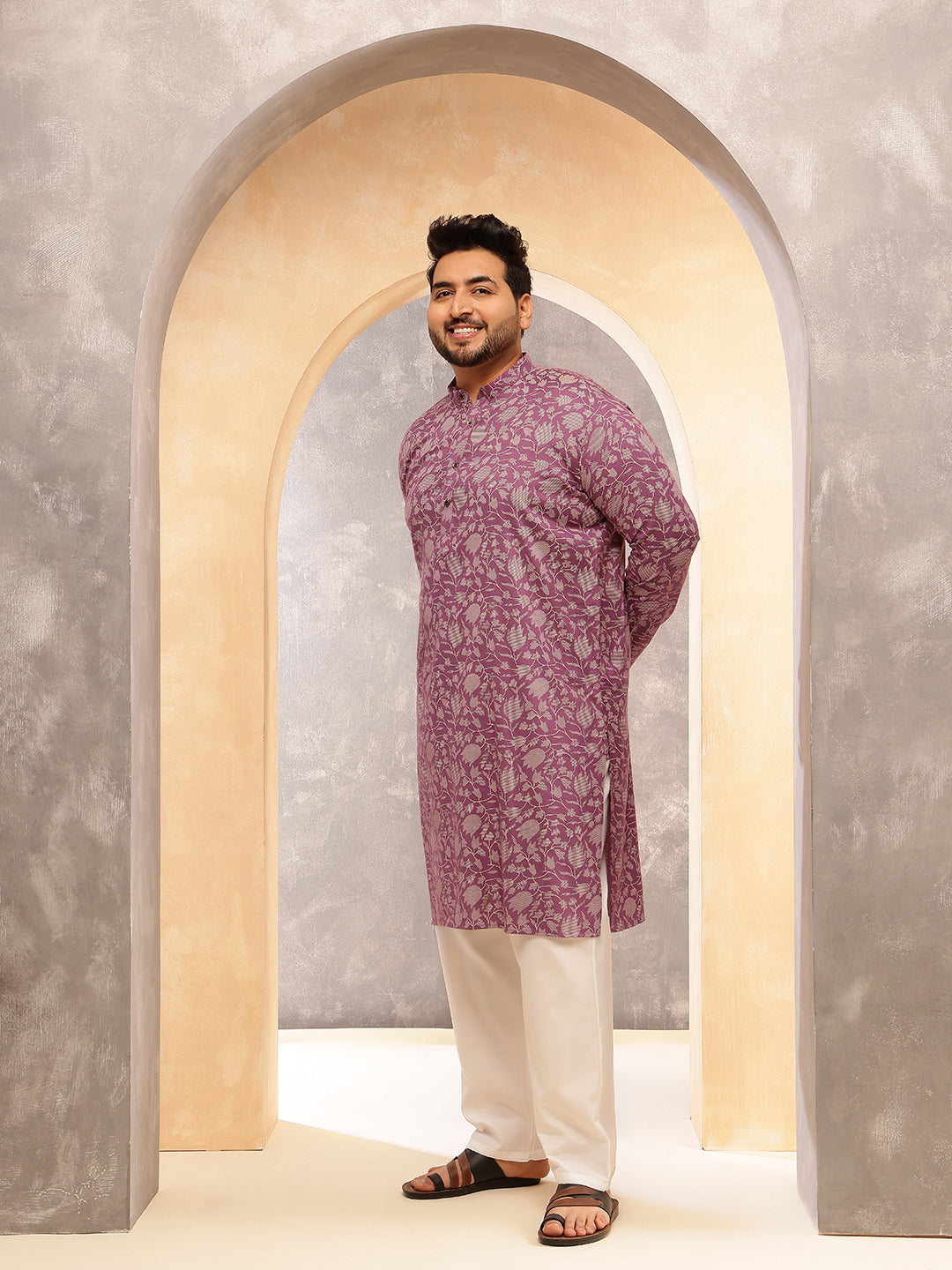 Men's Cotton Blend Purple Kurta with Floral Print and White Pyjama