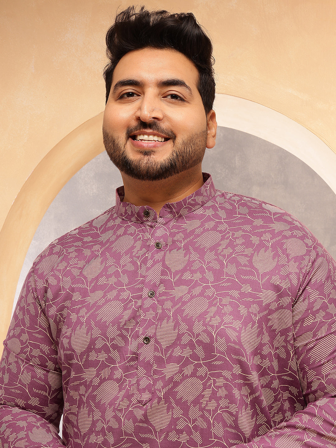 Men's Cotton Blend Purple Kurta with Floral Print and White Pyjama