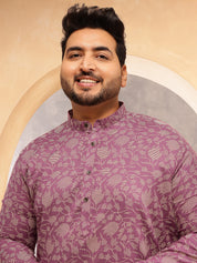 Men's Cotton Blend Purple Kurta with Floral Print and White Pyjama