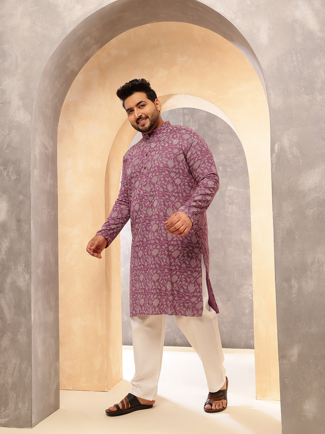 Men's Cotton Blend Purple Kurta with Floral Print and White Pyjama