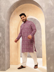 Men's Cotton Blend Purple Kurta with Floral Print and White Pyjama