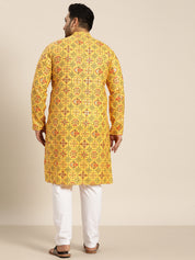 Men's Cotton Linen Yellow and Multi Printed Kurta and White Pyjama