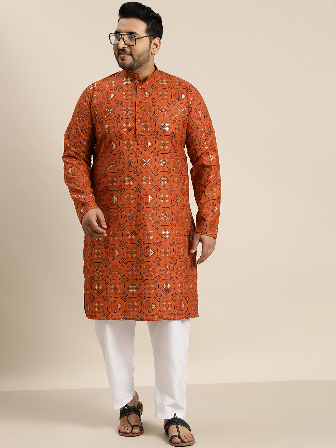 Men's Cotton Linen Orange and Multi Printed Kurta and White Pyjama