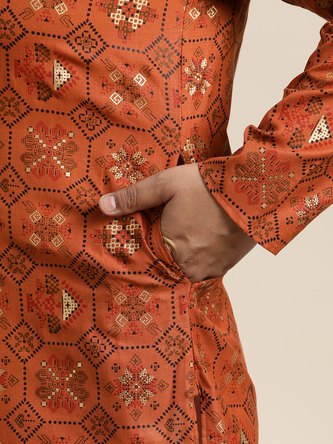 Men's Cotton Linen Orange and Multi Printed Kurta and White Pyjama