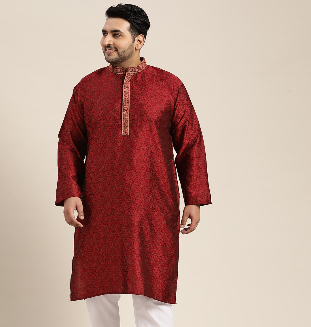 Men's Silk Blend Maroon Self Design ONLY Kurta