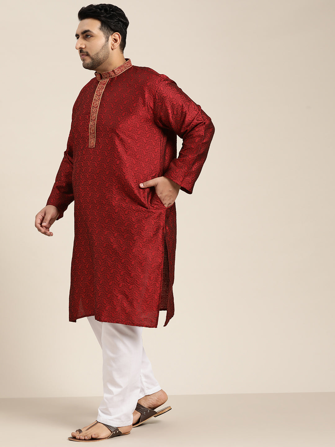 Men's Silk Blend Maroon Self Design ONLY Kurta