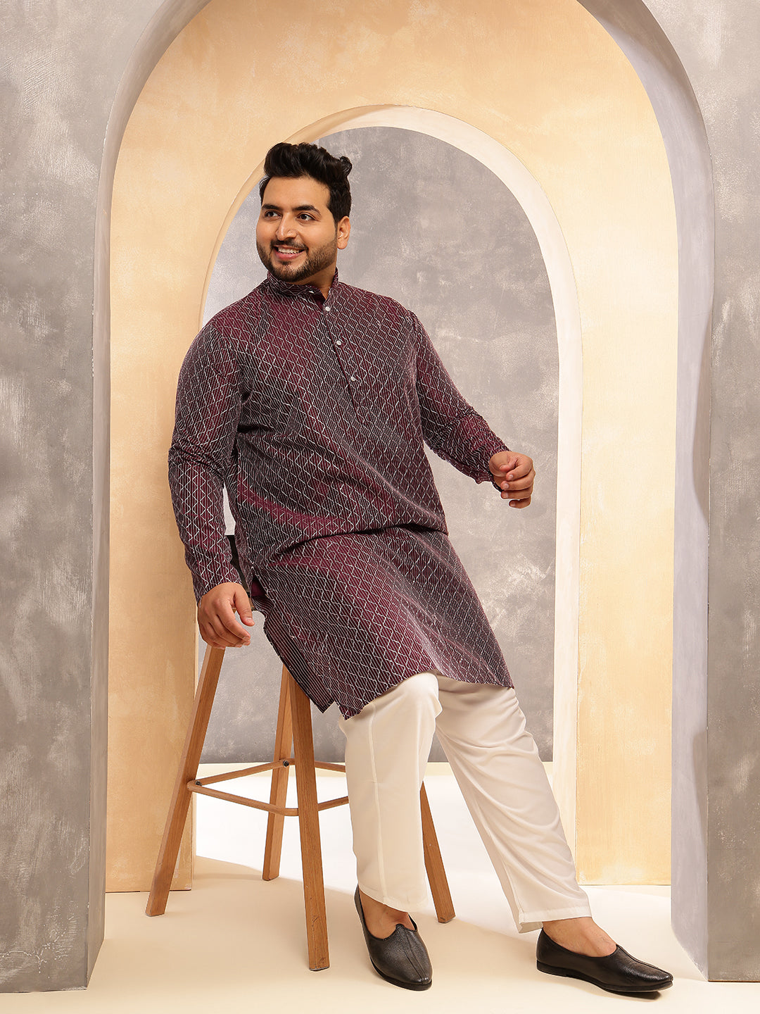 Men's Silk Blend Contrast  Thread Embroidered Wine Kurta with  Pyjama