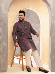 Men's Silk Blend Contrast  Thread Embroidered Wine Kurta with  Pyjama